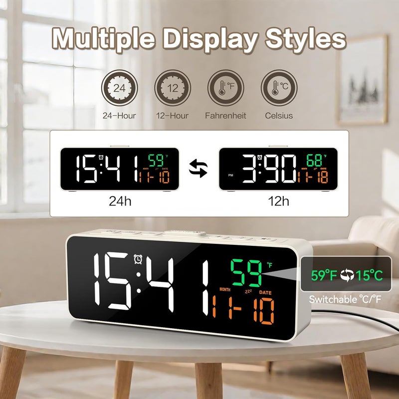 Netzu 3-in-1 Small Digital Clocks for Living Room with Temperature, Date & Time Display - 4 Levels Birghtness, 3 Volumes, Compact Plug-in Alarm Clock for Bedroom, Office (White) - Image 2